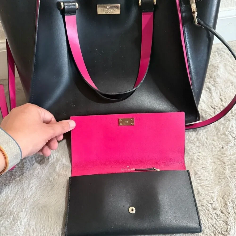 Kate Spade Arbour Hill Kyra Black Sweetheart Pink Leather Crossbody Handbag with